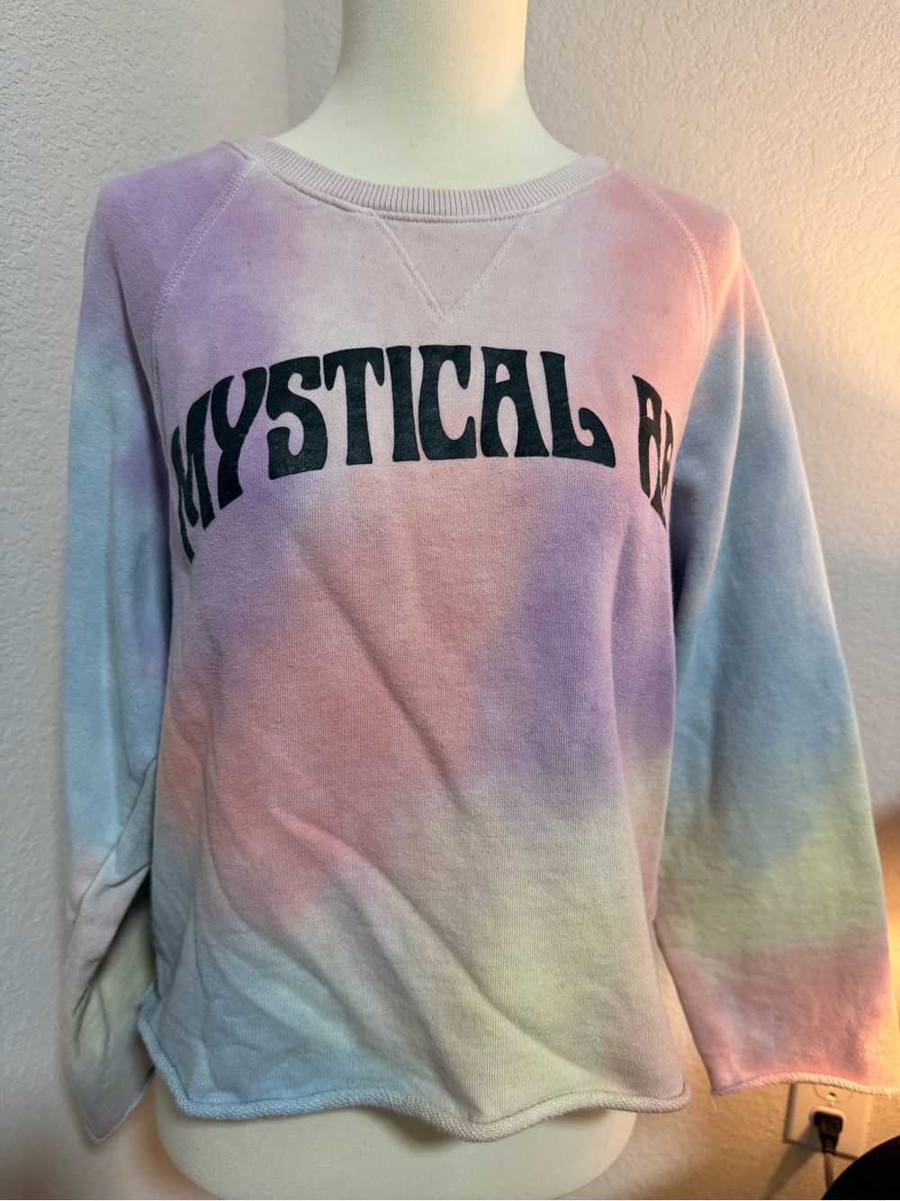MOTHER Pastel Tie-Dye Crewneck Sweater with Black 'Mystical' Graphic
